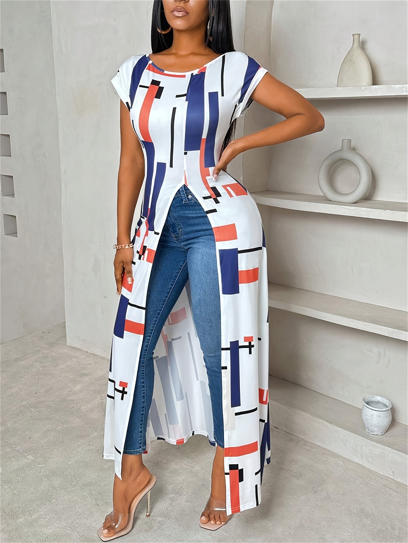 Women's Casual Patchwork Print Maxi Dress with Side Slit