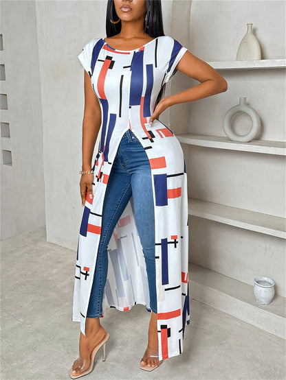 Women's Casual Patchwork Print Maxi Dress with Side Slit