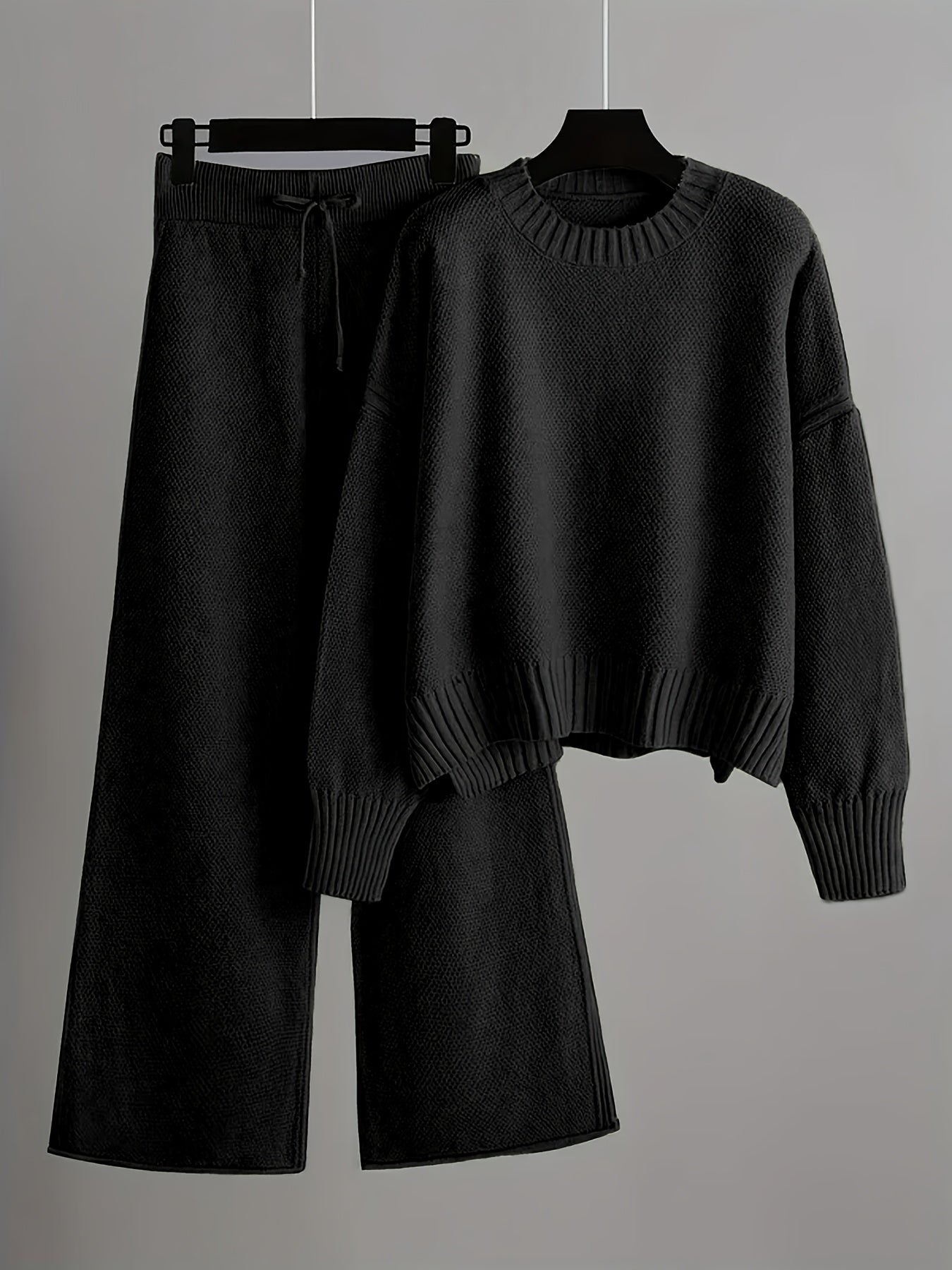 2pcs Women's Soft Casual Elegant Round Neck Sweater & Wide-Leg Pants Set