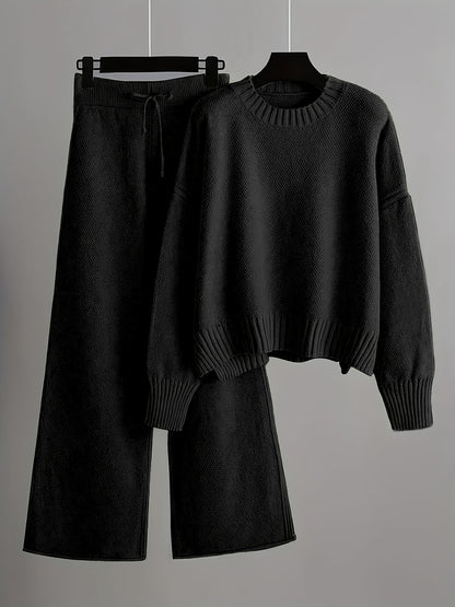 2pcs Women's Soft Casual Elegant Round Neck Sweater & Wide-Leg Pants Set