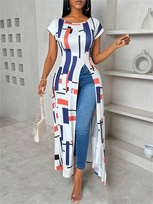 Robe longue décontractée pour femme avec imprimé patchwork et fente latérale