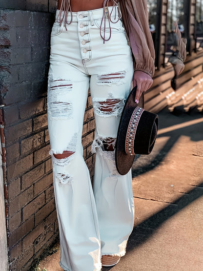 Women's Sexy Ripped Flare Jeans with Single Breasted Button Closure