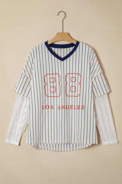 Blue Stripe 88 LOS ANGELES Graphic Lace Patchwork Faux Two Piece V Neck Top