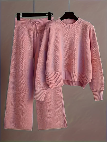 2pcs Women's Soft Casual Elegant Round Neck Sweater & Wide-Leg Pants Set