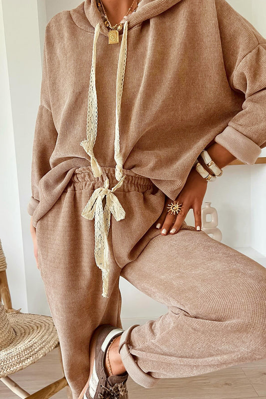 Ensemble en velours côtelé décontracté : sweat à capuche et pantalon taille haute à cordon de serrage