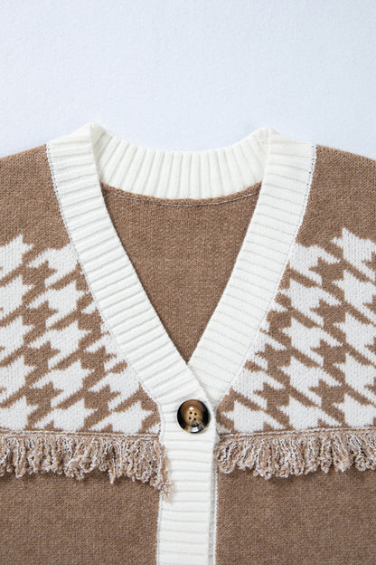 Khaki Houndstooth Color Block V Neck Raw Edge Button Front Cardigan