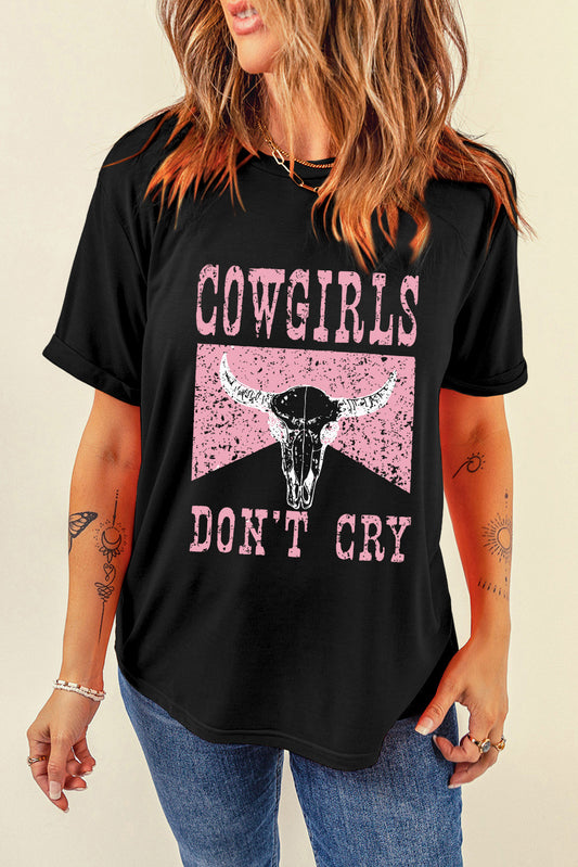 Haut à manches courtes avec imprimé tête de vache « Black COWGIRL DONT CRY »