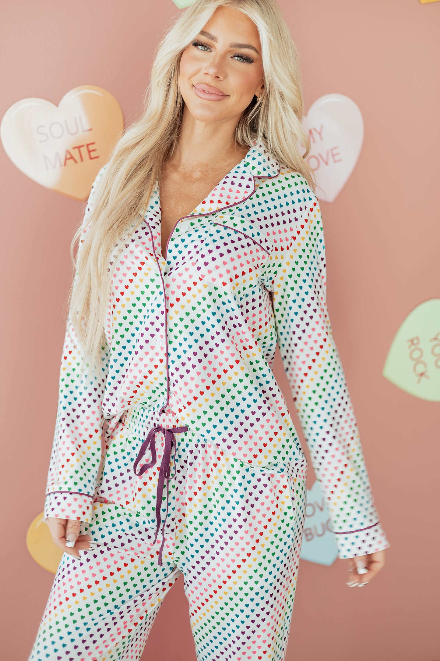 2pcs White Pride Heart Print Valentines Long Pajama Set