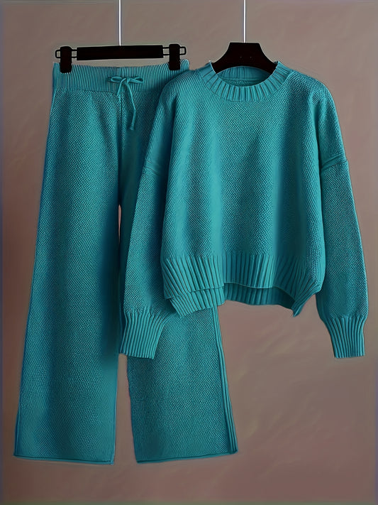 Ensemble 2 pièces pull col rond et pantalon large décontracté et élégant pour femme
