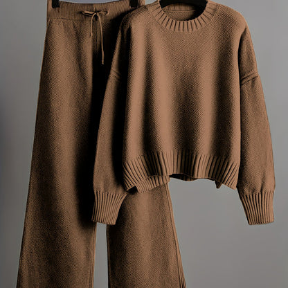 2pcs Women's Soft Casual Elegant Round Neck Sweater & Wide-Leg Pants Set