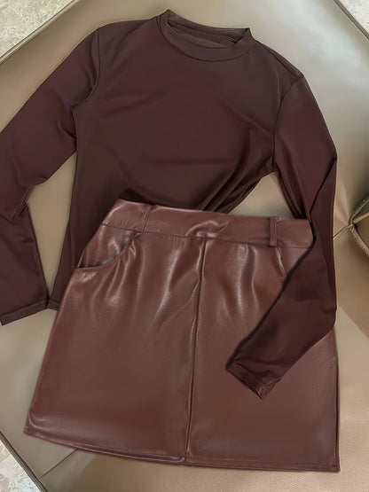 Elegant And Versatile Semi-Sheer Mesh Long-Sleeve Top and Fitted Short Skirt Set
