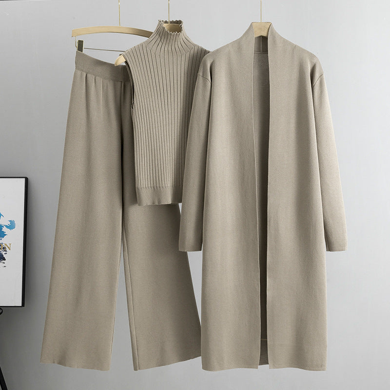 3pcs Women's Sleeveless Vest Sweater Long Cardigan And Wide-leg Pants Set