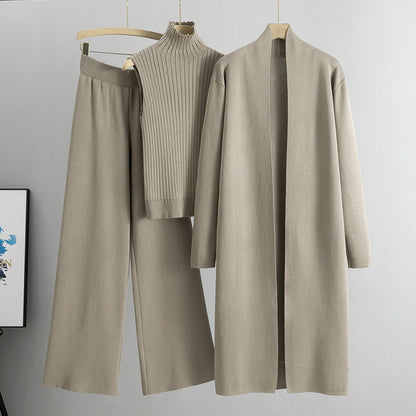 3pcs Women's Sleeveless Vest Sweater Long Cardigan And Wide-leg Pants Set