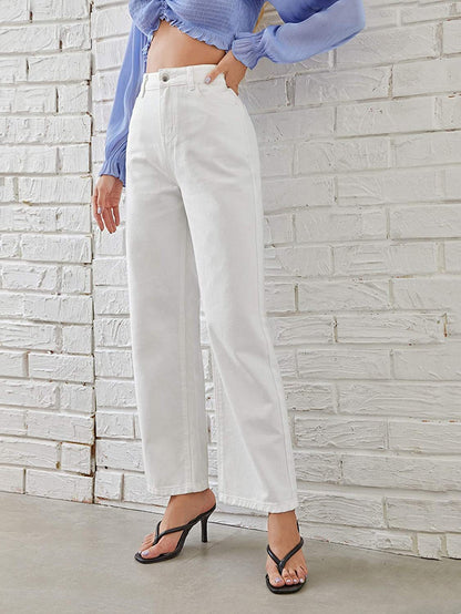 Women's Mid Waist Washed Straight Jeans