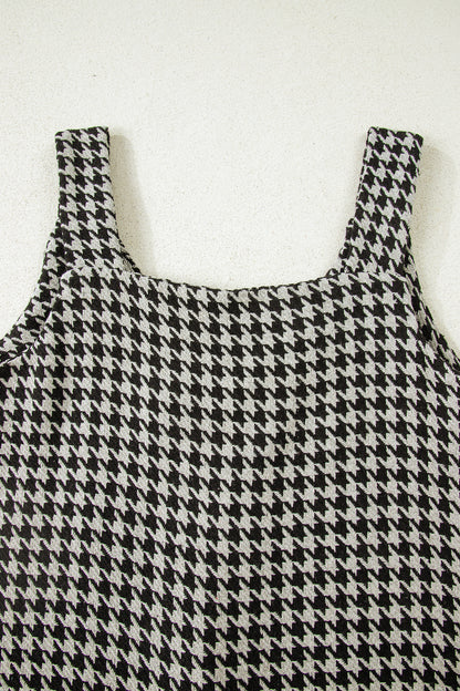 Khaki Houndstooth Print V Neck Sleeveless Mini Dress