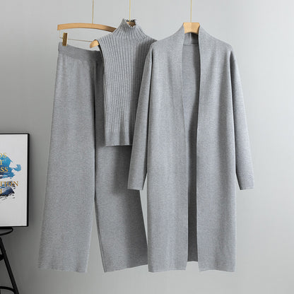 3pcs Women's Sleeveless Vest Sweater Long Cardigan And Wide-leg Pants Set