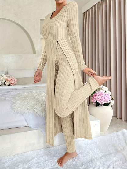 Ribbed Two-Piece  Long-Sleeved Top and Pants Set
