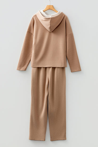 Casual Lace Drawstring Pullover Hoodie and High Waist Pants Corduroy Suit