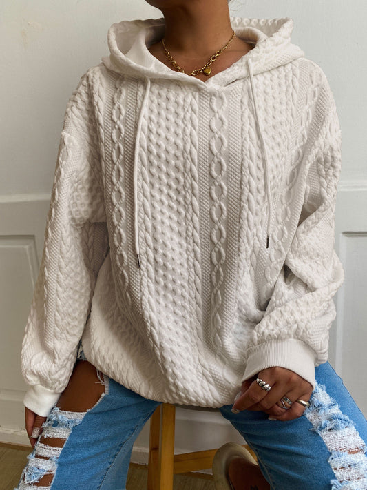 Sweat-shirt à capuche côtelé à manches longues pour femme grande taille - Cordon de serrage légèrement extensible