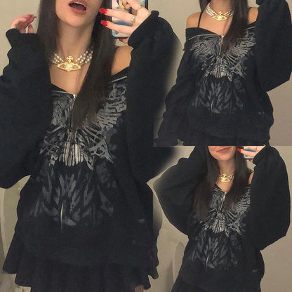 Y2K Grunge Punk Butterfly Print Oversize Zip Up Hoodies