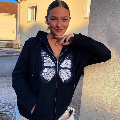 Y2K Grunge Punk Butterfly Print Oversize Zip Up Hoodies