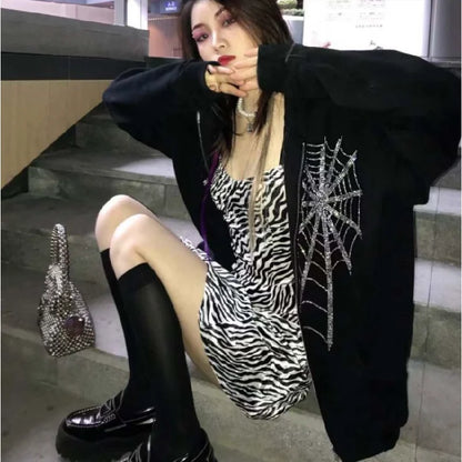 Y2K Grunge Punk Butterfly Print Oversize Zip Up Hoodies