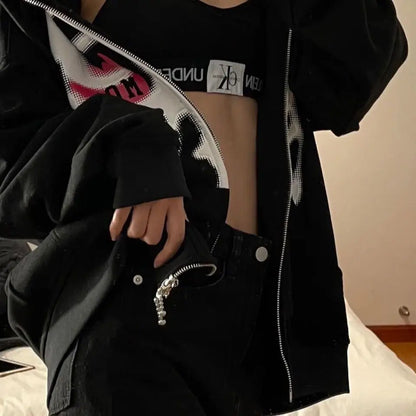 Y2K Grunge Punk Butterfly Print Oversize Zip Up Hoodies