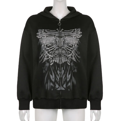 Y2K Grunge Punk Butterfly Print Oversize Zip Up Hoodies