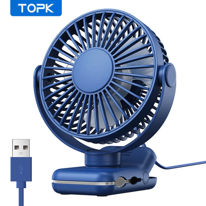 TOPK USB Clip on Desk Fan Brushless Motor Powerful Airflow Sturdy Clamp Ultra Quiet Portable Mini Personal Fan Office Bedroom