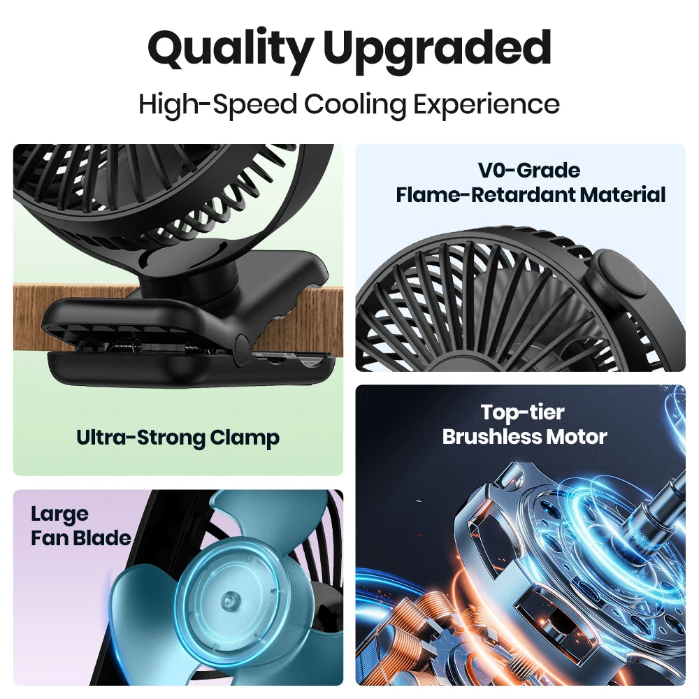 TOPK USB Clip on Desk Fan Brushless Motor Powerful Airflow Sturdy Clamp Ultra Quiet Portable Mini Personal Fan Office Bedroom