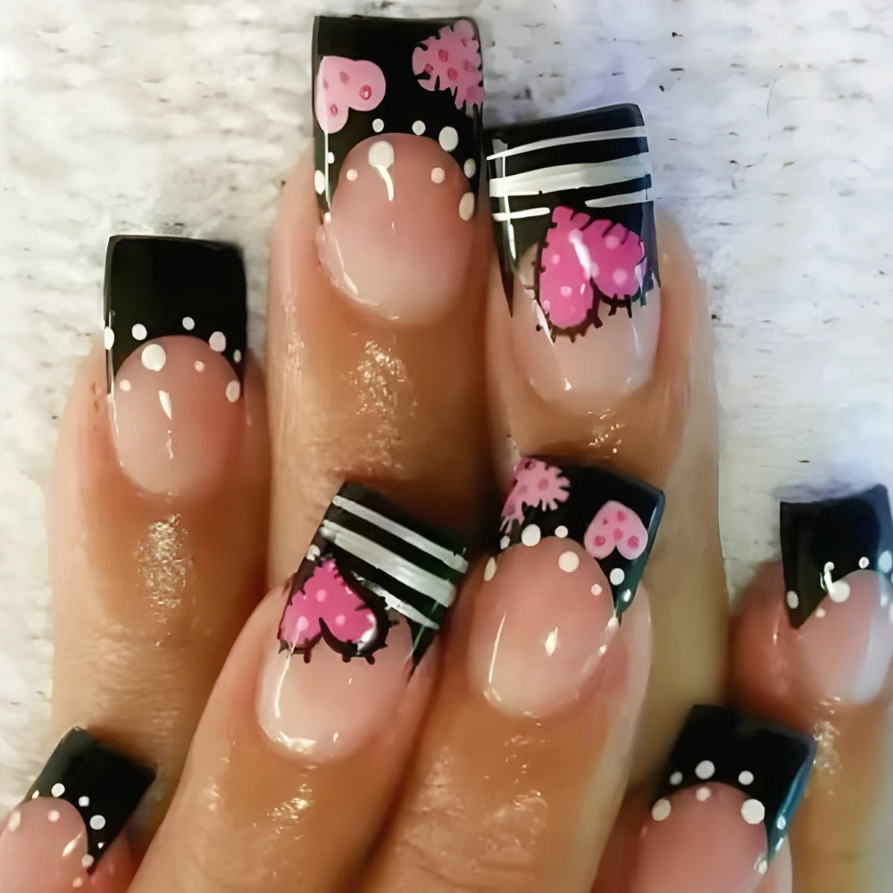 Ongles à presser noirs Y2K pour filles, motif cœur rose/point