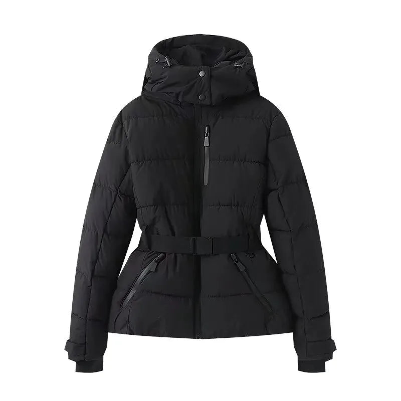 Women's Winter Hooded High Waist Padded Sport Parkas Coats with Belt