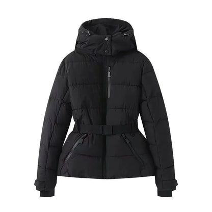 Women's Winter Hooded High Waist Padded Sport Parkas Coats with Belt
