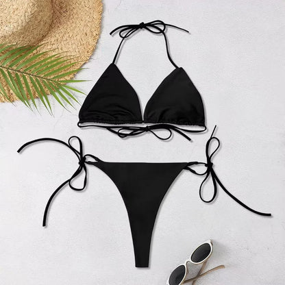 Women's Solid-Color Halter Three-point  Backless Adjustable Bikini