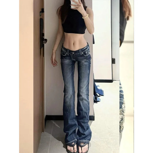 Jean en denim gothique Y2K brodé avec strass pour femmes