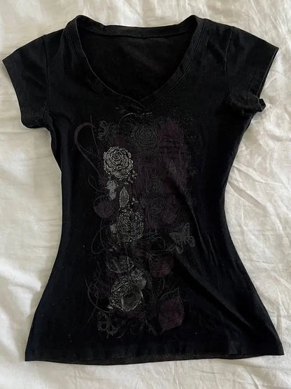Y2k Aesthetic Flower Printing Women Grunge T-shirts Vintage Slim Harajuku Causal Black Tshirts 2025 Summer Bottoming Crop Tops