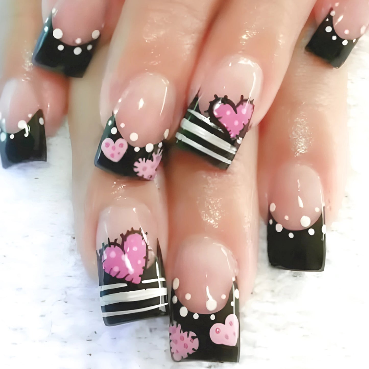 Ongles à presser noirs Y2K pour filles, motif cœur rose/point