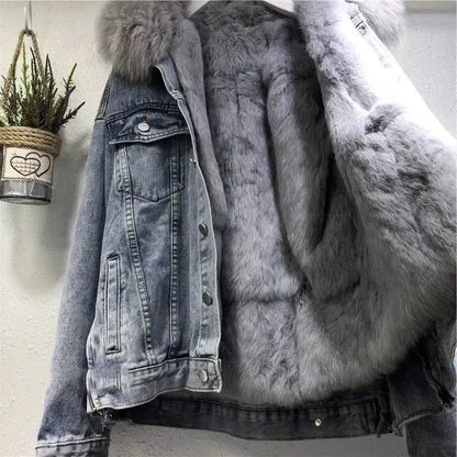 Women's Big Fur Collar Winter Denim Jacket