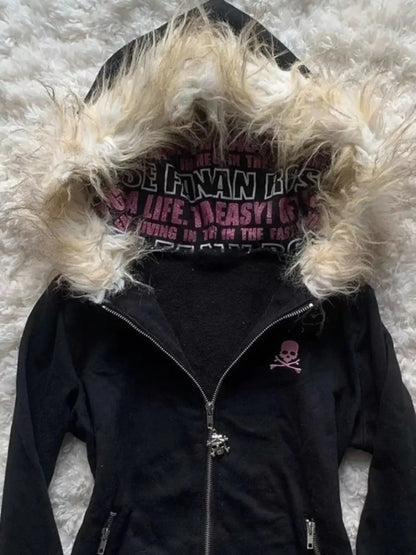 Y2K Black Fur Collar Zipper Sweatshirt Hoodie