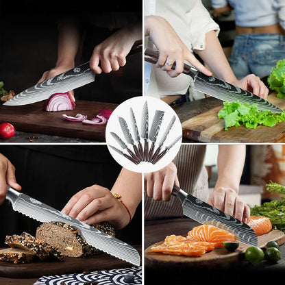 7CR17 8PCS Stainless Steel Sharp Damascus Pattern Sharp Chef Knives Set