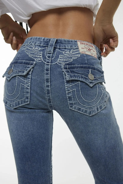 Retro Pocket Embroidery Blue Baggy Jeans