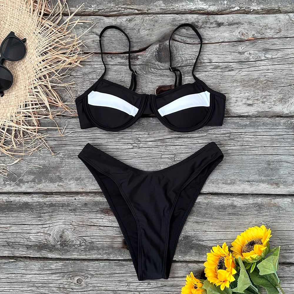 Women's Solid Black & White Brazilian Thong Bikinis & Swimwear