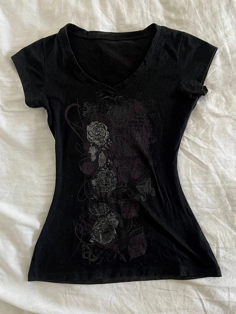Y2k Aesthetic Flower Printing Women Grunge T-shirts Vintage Slim Harajuku Causal Black Tshirts 2025 Summer Bottoming Crop Tops