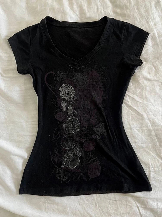 T-shirts Grunge Femme Imprimé Fleurs Style Années 2000 Vintage Slim Harajuku Décontracté Noir T-shirts Courts Été 2025