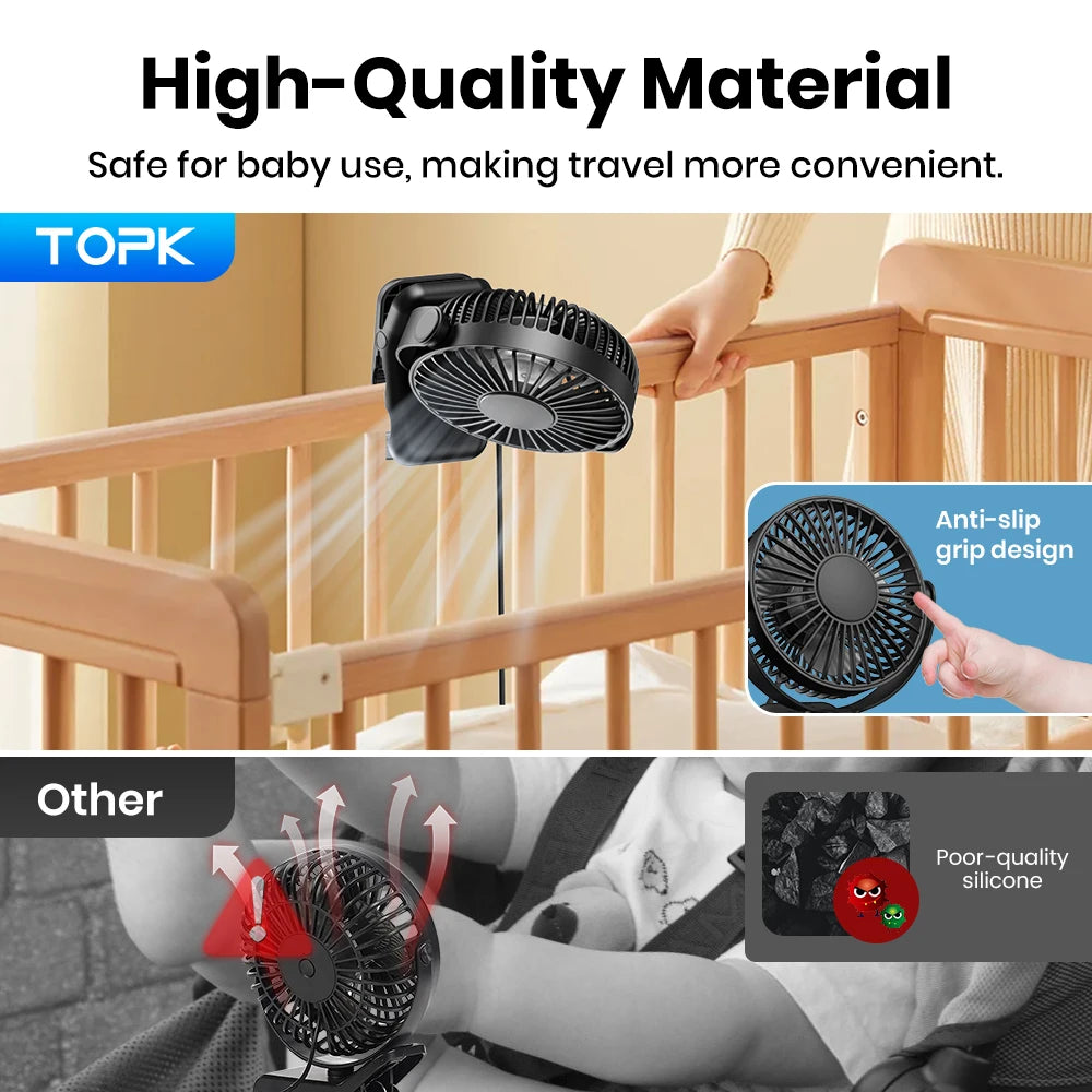 TOPK USB Clip on Desk Fan Brushless Motor Powerful Airflow Sturdy Clamp Ultra Quiet Portable Mini Personal Fan Office Bedroom