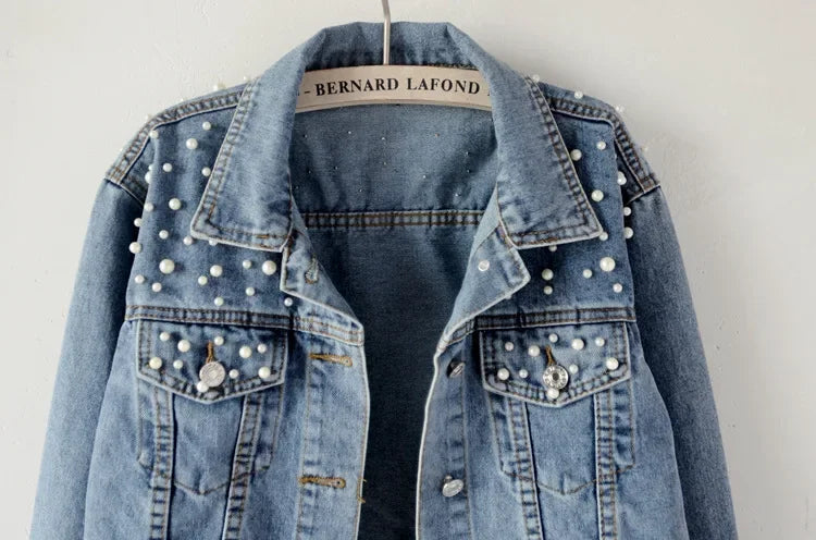 Women's Ripped Vintage Pearl Denim Jacket