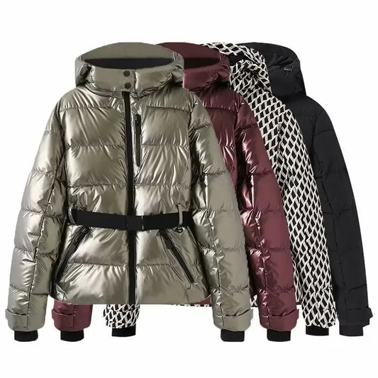 Women's Winter Hooded High Waist Padded Sport Parkas Coats with Belt
