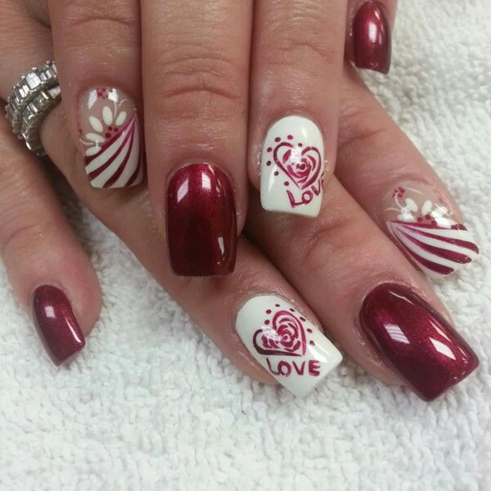 Ongles à presser noirs Y2K pour filles, motif cœur rose/point