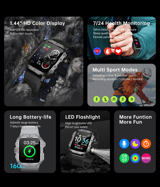 Montre intelligente style militaire pour hommes | Appel Bluetooth | Suivi de la condition physique et de l'activité | Écran tactile 1,44" | Étanchéité 3 ATM | Android et iOS