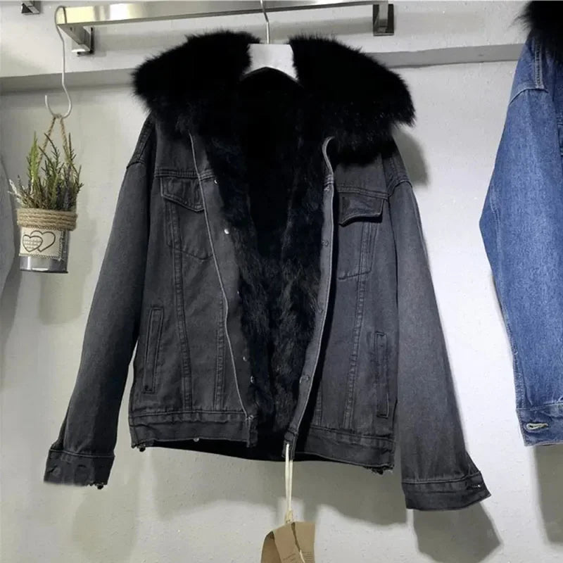 Women's Big Fur Collar Winter Denim Jacket
